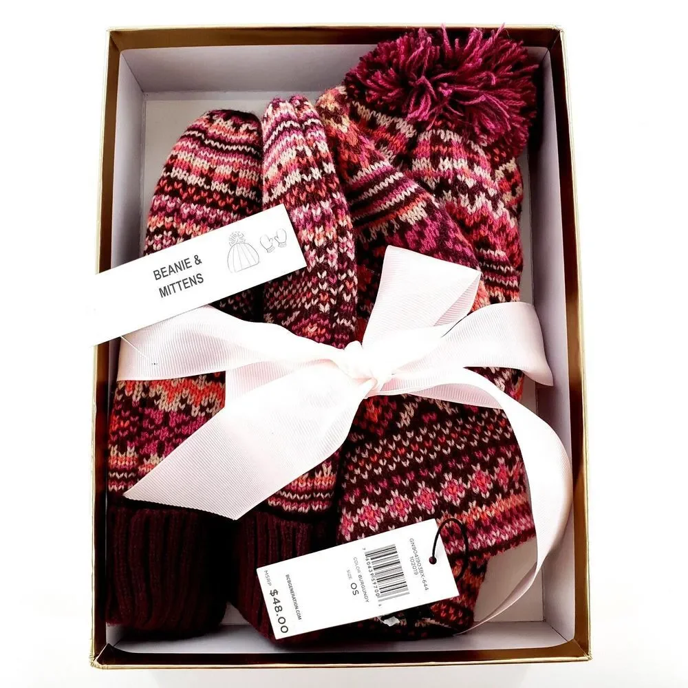 BCBGeneration Winter Knitted Beanie & Mittens Gift Set One Size Burgundy New $48